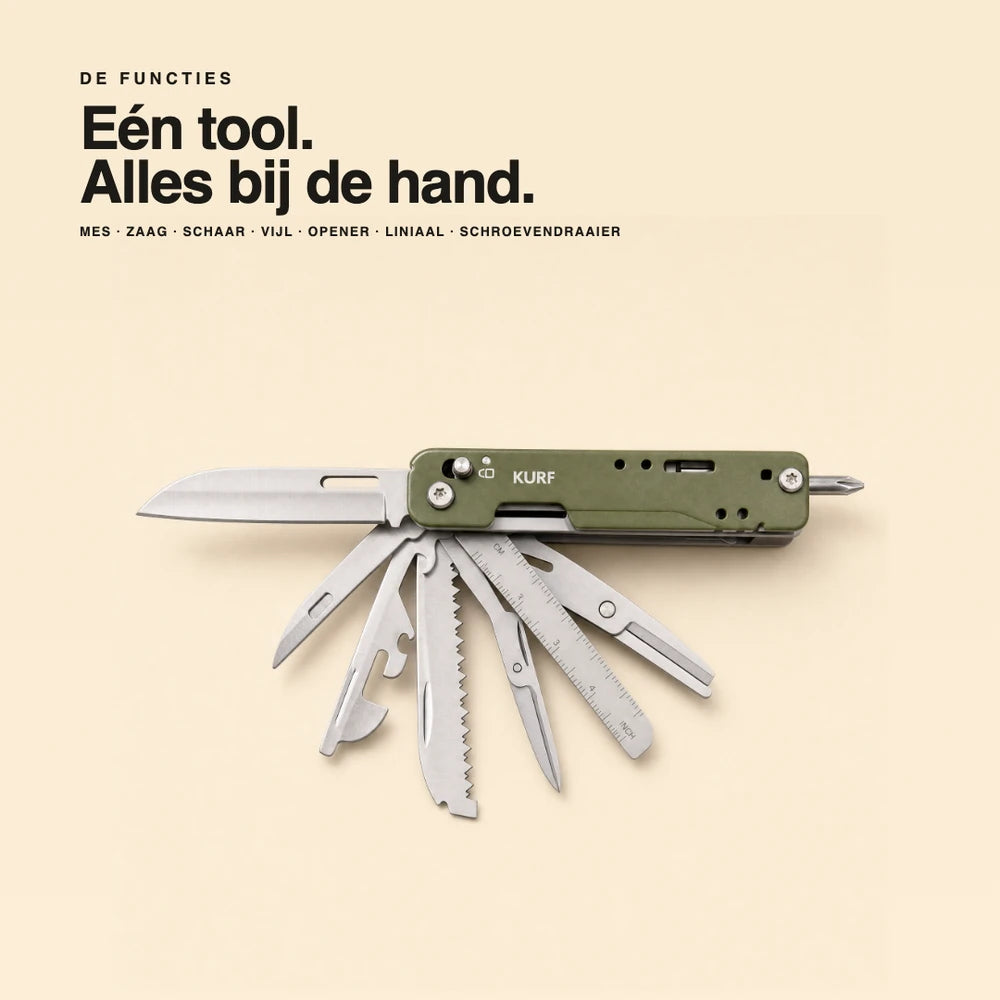 Kurf Multi met alle functies uitgeklapt: mes, zaag, schaar, vijl, opener, liniaal, schroevendraaier